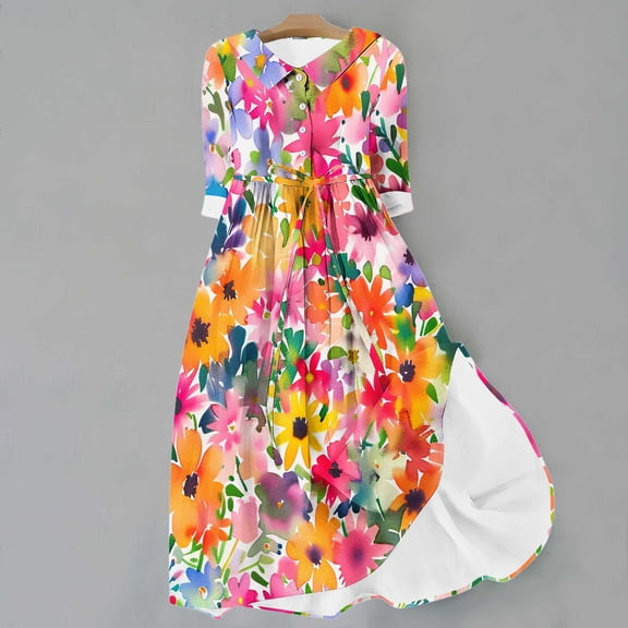 WFJCJPAF 2025 New Product Autumn Dresses for Women under $10 Plus Size,Women's Summer Printed Fashion Three-Quarter Sleeve Turndown Collar Dress - Orange S