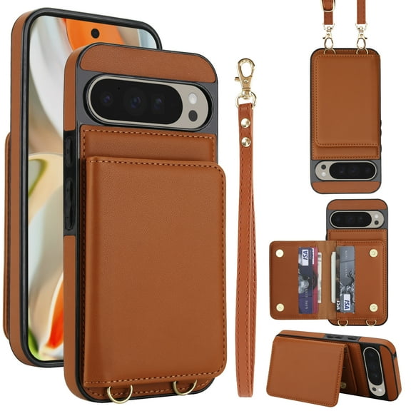 For Google Pixel 9 / 9 Pro Phone Case Wallet Card Holder,RFID Blocking PU Leather Back Magnetic Flip Kickstand Folio Case Wrist Lanyard & Crossbody Strap Protective Women Girls Cover,Brown
