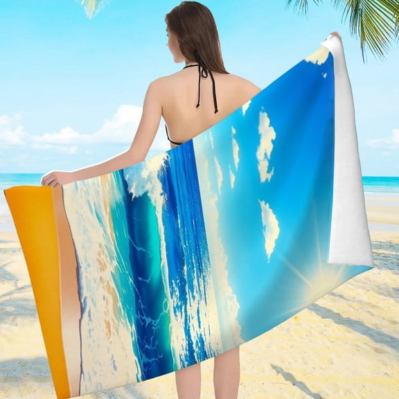 RKSupls Sunny Beach Ocean Microfiber Beach Towel, Extra Large Quick Dry Lightweight Towel for Travel Swimming Camping, Soft Super Absorbent- 55.1x27.6in
