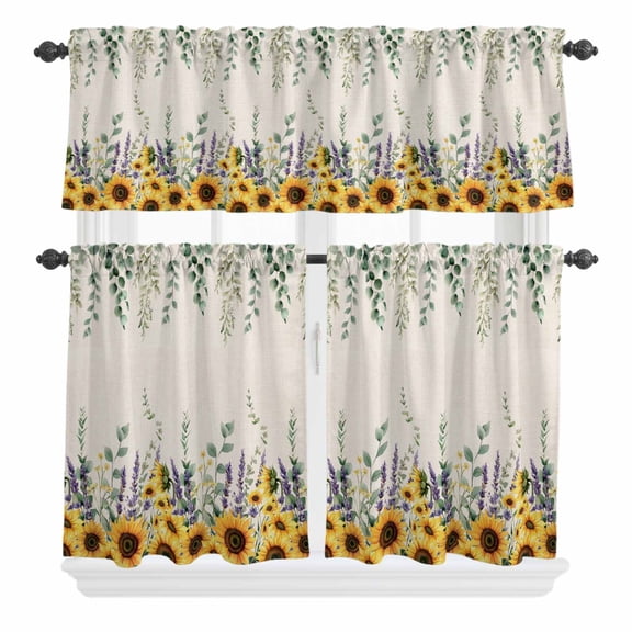 3 Piece Kitchen Curtains and Valances Set Sunflower Eucalyptus Cafe Curtains 24 Inch Length Yellow Sage Green Country Lavender Valance & Tier Curtain for Living Room Bedroom Window 54"x18" 27"x24"*2