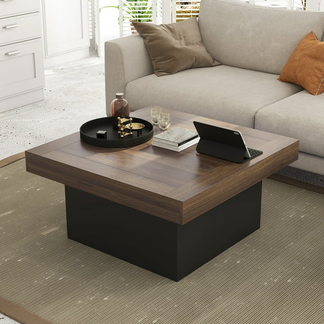 HOMCOM Square Coffee Table with LED Lights, 35-inch Center Table, Walnut