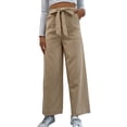 thumbnail image 1 of Pantalones de piernas anchas para mujer, con cinturón y lazo, bolsillos laterales de color puro, cierre de cremallera, pantalones casuales, color caqui L, 1 of 8