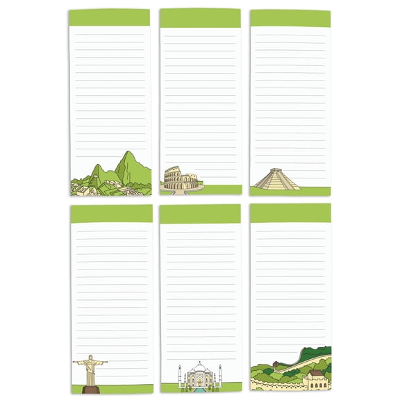 Inkdotpot Pack of 6 Funny Magnetic Dry Erase List For Fridge, Wipe Clean w/ NoStain, Quick Notes Shopping & Grocery List Whiteboard for Fridge, 8.75" x 3.8"(Travel/ Monuments)