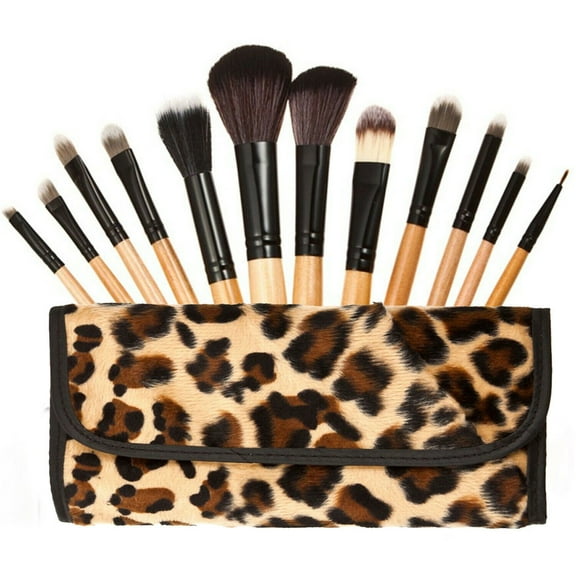 Makeup Brush Set with Leopard-Print Pouch 12-Piece