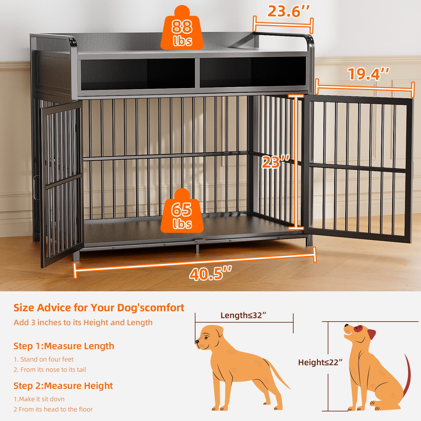 ModFurne Large Dog Crate Furniture with Drawers Storage, Puppy Dog Kennel Indoor with Double Doors, Black