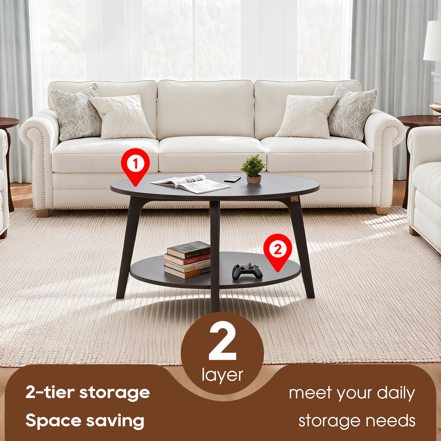 FDW Round Coffee Table with Storage and Sturdy MDF Top & Tapered Legs,Grey