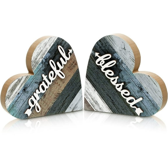 2 Pcs Rustic Table Decorations for Living Room Home Farmhouse Table Centerpieces Small Love Wooden Heart Decor for Dining Room Shelf Housewarming Gifts New House Decoration(Grateful Style)