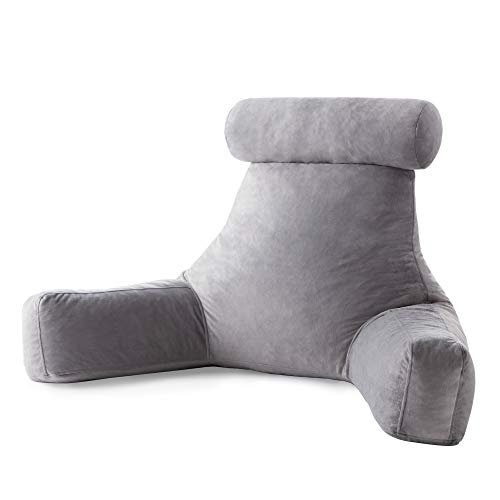 Linenspa Shredded Foam Reading Pillow with Neck Support - Extra Large Design for Adults - Perfect for Back Support While Relaxing, Gaming, Reading, or Watching TV - Soft Velour Cover, Stone