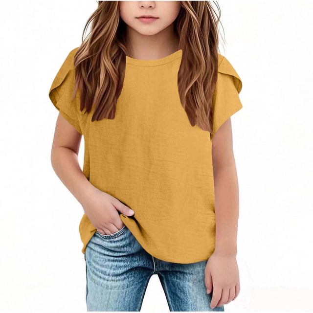 BLVB T-Shirts d'Été en Coton et Lin pour Filles Col Ras du Cou Manches Courtes Pétale Mignons Décontractés Hauts Amples Tee Blouse
