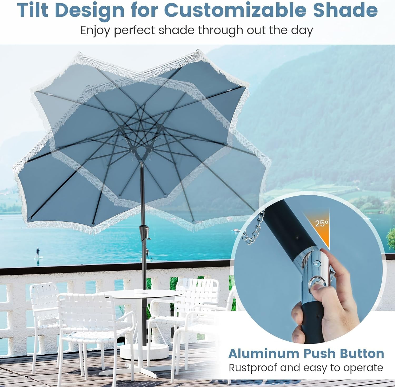 CRXX 9 FT Patio Umbrella with Fringe, Outdoor Tassel Umbrella with Push Button Tilt, Crank, 8 Ribs, Vented Top, Fade-resistant Canopy, Heavy-Duty Market Table Umbrella for Yard Garden Pool-Blue