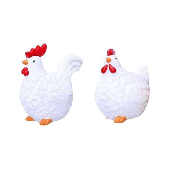 Chanana 2Pcs Miniature Chicken Figurines Resin Rooster and Hen Statues Easter Animal Tabletop Ornament for Easter Party Decoration - White