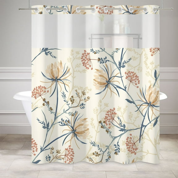 MIZHONA Vintage Blue Plants No Hooks Shower Curtains with Snap in Liner Red Botanical in Beige Fabric Bathroom Curtain,71"× 74"