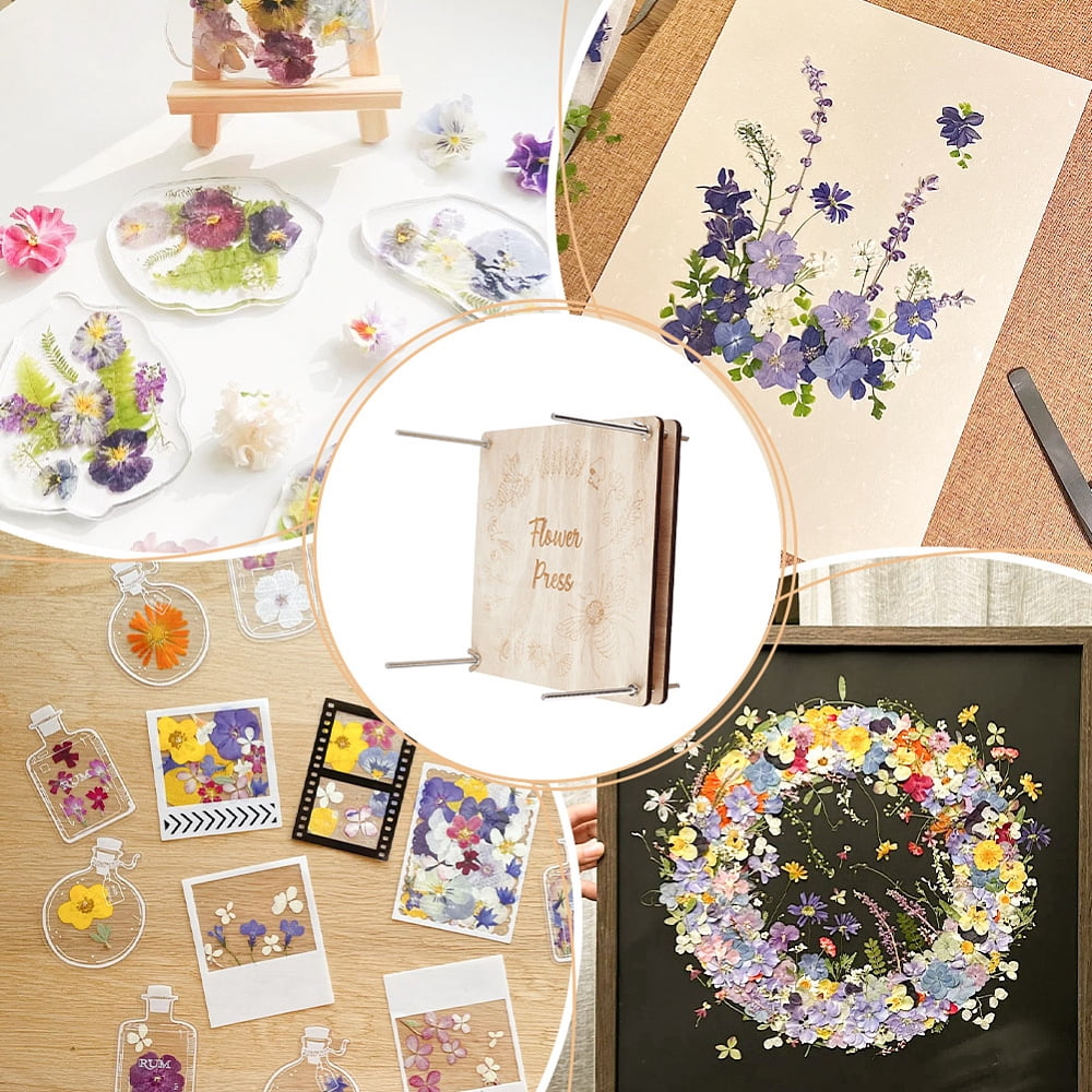 Flower Press Kits including Wood Sheet Craft Papers Tracing Paper Tweezers Polishing Brush Pens Bees 16.2~24.7x2.5~24.7x0.65~1.2cm 1 set