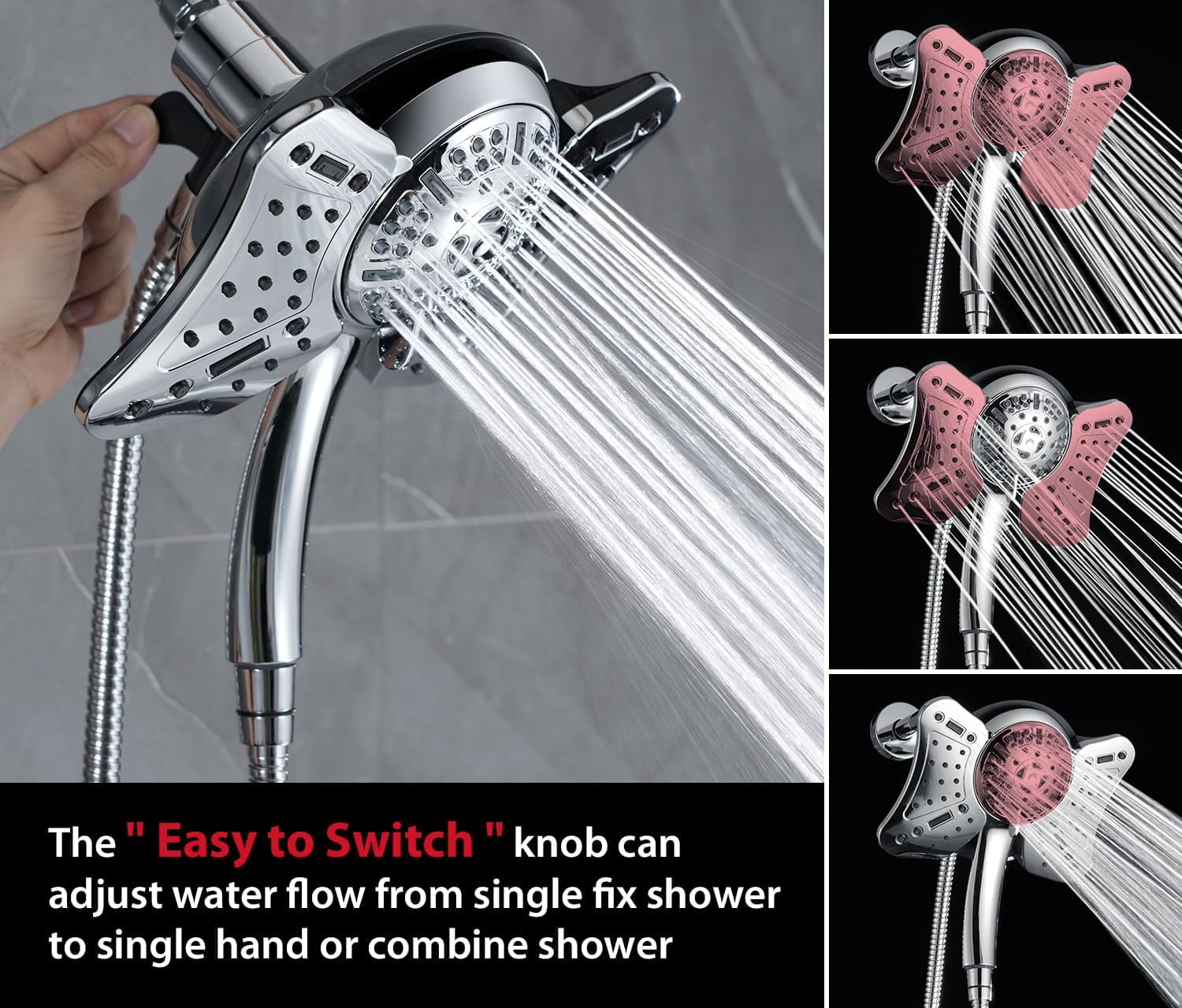 KESTE High Pressure Shower Head, 2 in 1 Rainfall Shower Heads with 9 Mode Adjustable Handheld Showerhead, Dual Showerhead with Anti-Clog Nozzles and 60” Hose, Silver