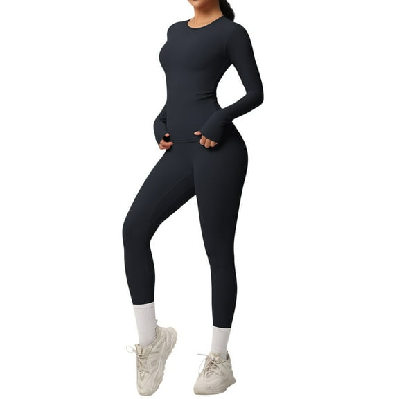 Nylon Solid Color Breathable Yoga Long Sleeve and High Waist Pants Workout Running Gym Fitness Activewear Outfit Black S