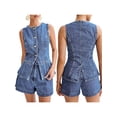 thumbnail image 2 of Honganda Women 2 Pcs Denim Outfits Sleeveless Button Up Tank Tops Solid Color Shorts Sets, 2 of 9