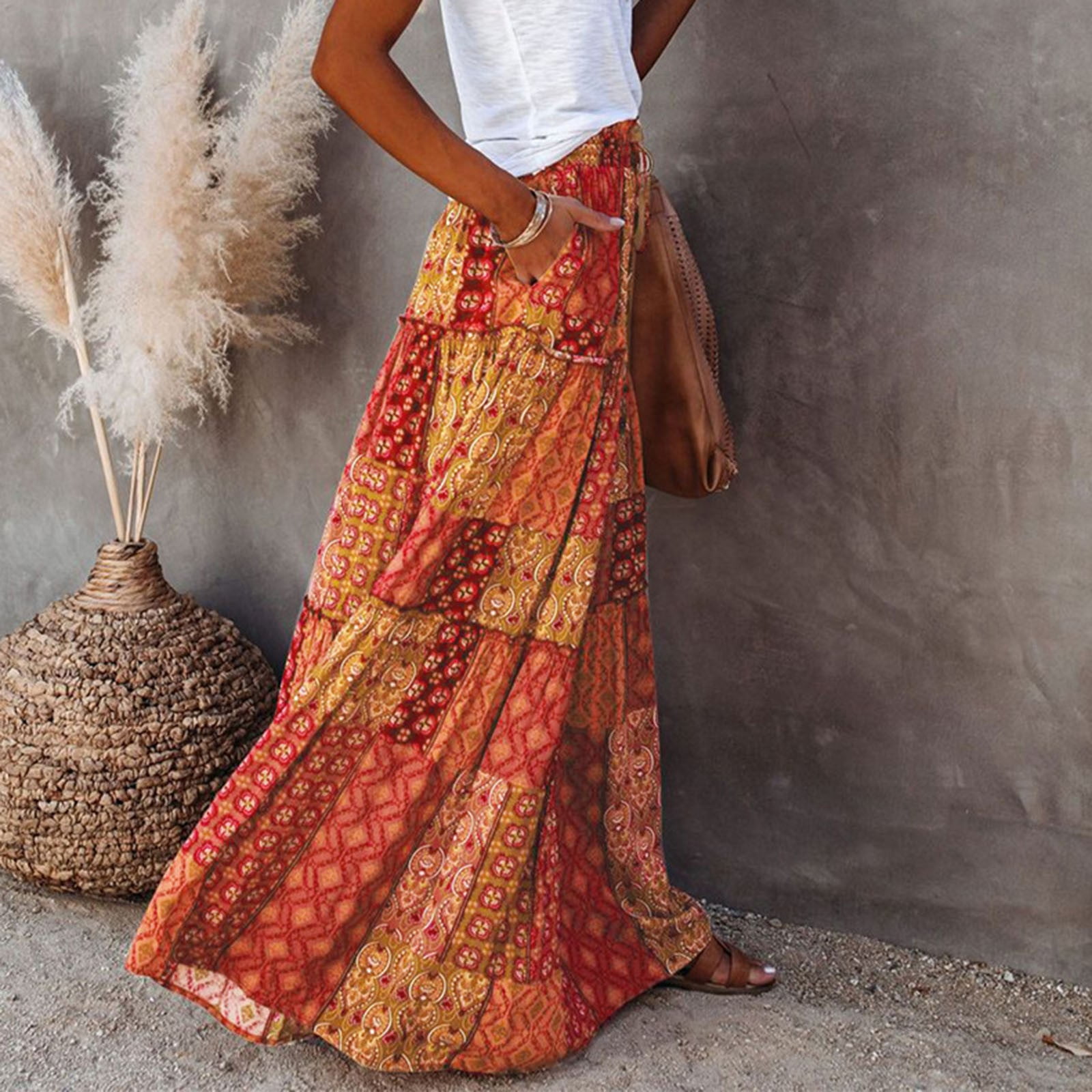 VUPSGEZ Simple Foldover Stretch Flared Knee Length Skirt