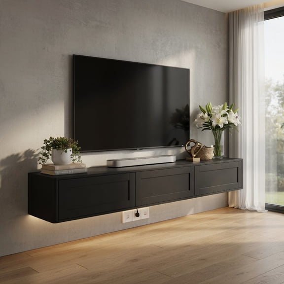 Topcobe Floating TV Stand, Wall Mounted TV Shelf with LED Lights & Power Outlet, High Gloss TV Cabinet, Floating TV Console Wall Mounted, Black TV Stands for Living Room