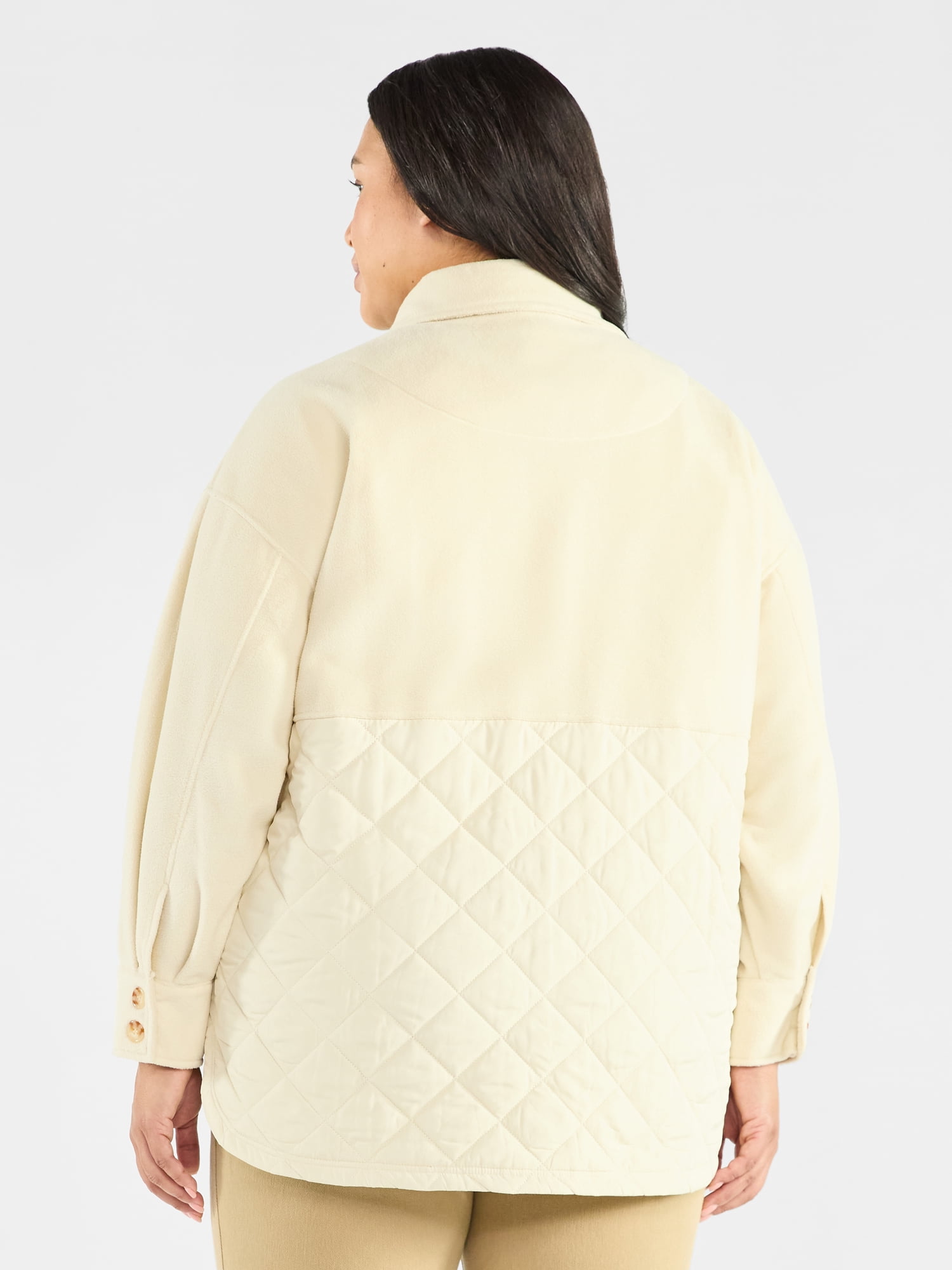 Terra & Sky Women's Plus Size Quilt Mix Button Front Shacket with Long Sleeves, Sizes 1X-5X