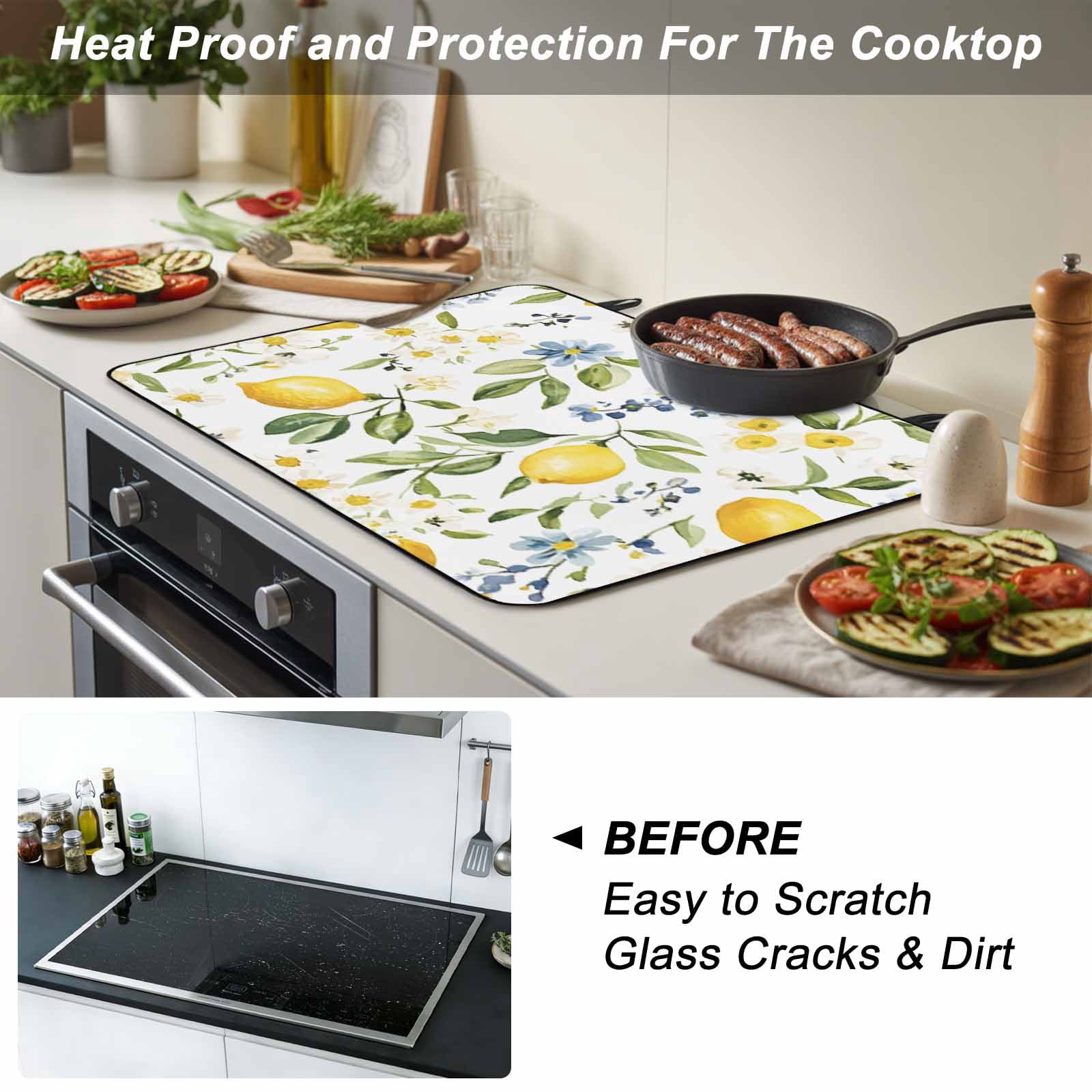 Summer Lemon Stove Top Cover for Electric Stove, Heat-proof & Non Slip Glass Top Stove Cover Protector, Yellow Botanical Spring Floral Blue Kitchen Flat Cooktop Rubber Mat 24x21 Inches