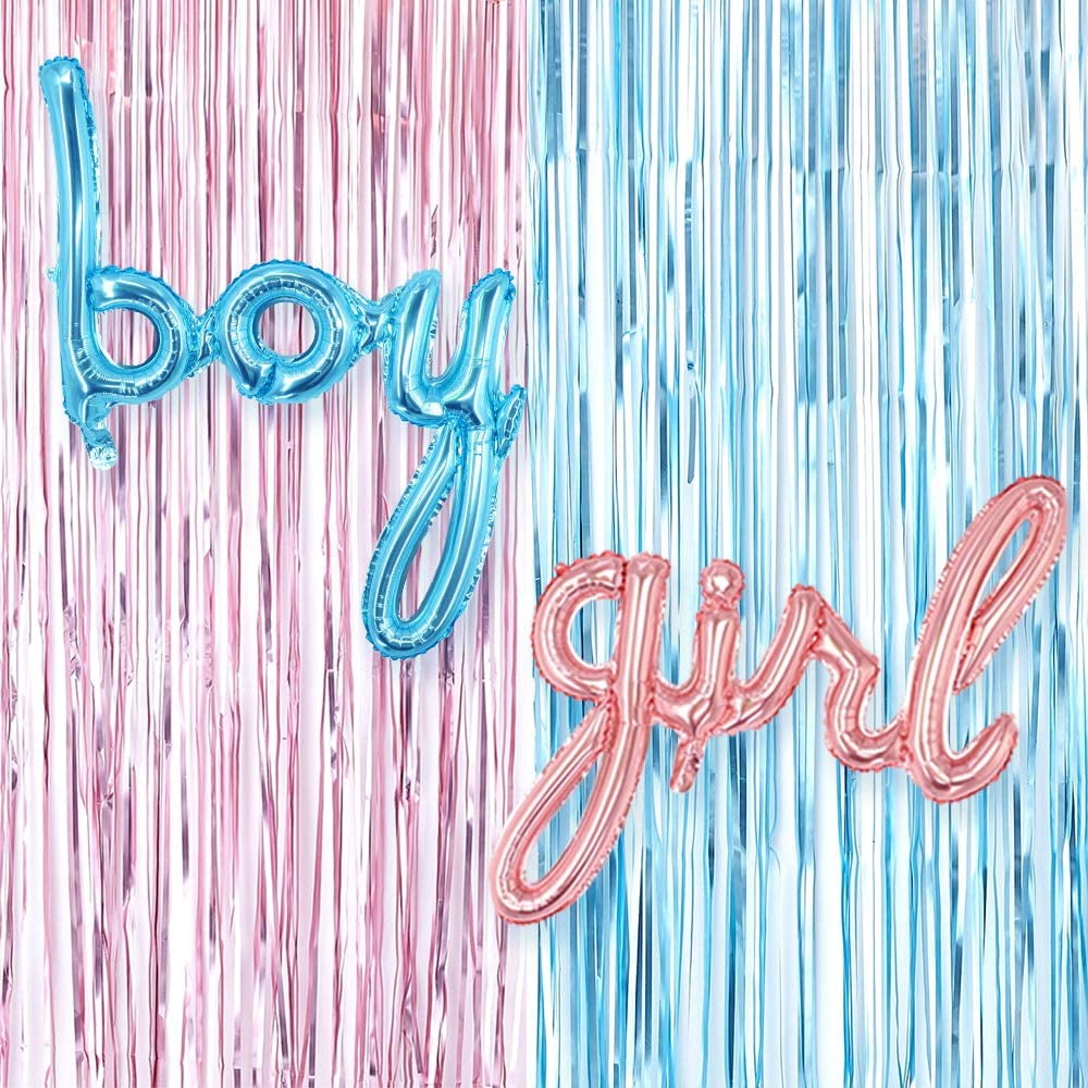 BOY Girl Foil Balloon Metallic Fringe Curtains Details about   Gender Reveal Decoration Set 