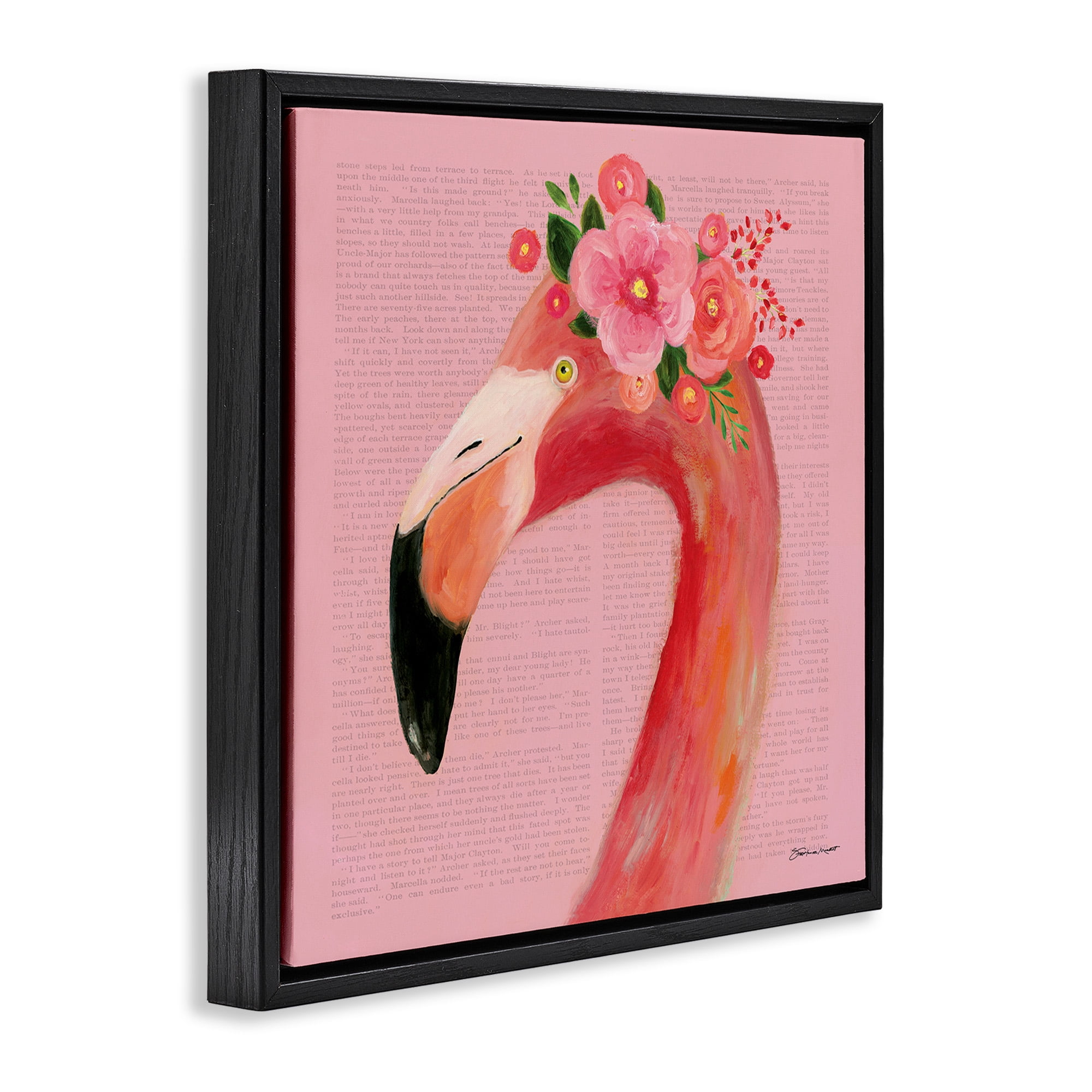 Stupell Industries Floral Flamingo Pink Portrait Animals & Insects Painting Black Floater Framed Canvas Art Print Wall Art, 18 x 18