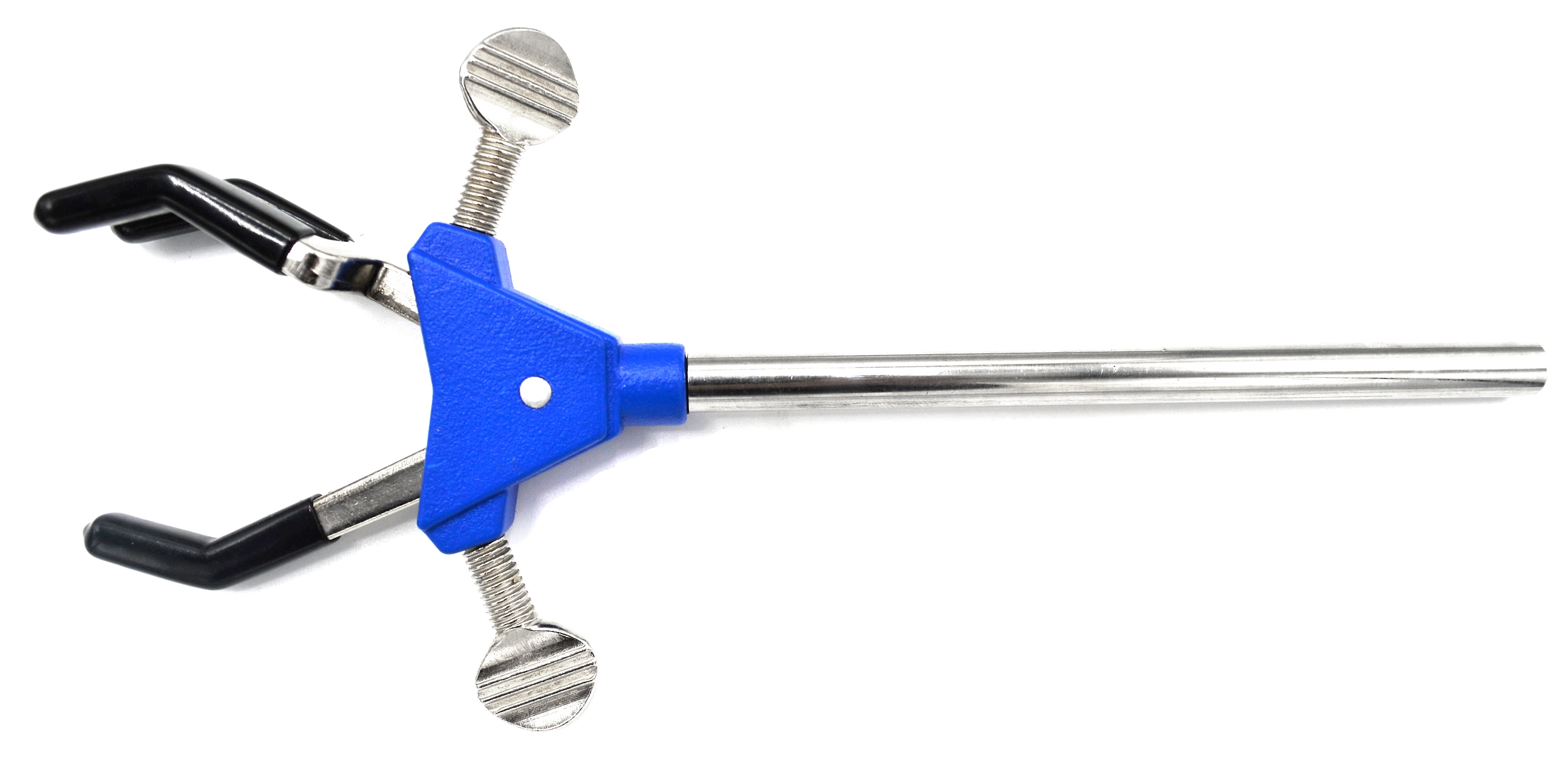 3 Finger, Vinyl Coated Dual Adjustable Extension Clamp on Stainless Steel Rod - 2.3" Max Clamp Opening, 5" Rod - Powder Coated Zinc Alloy - Research, Industrial Laboratory Grade -  Eisco Labs