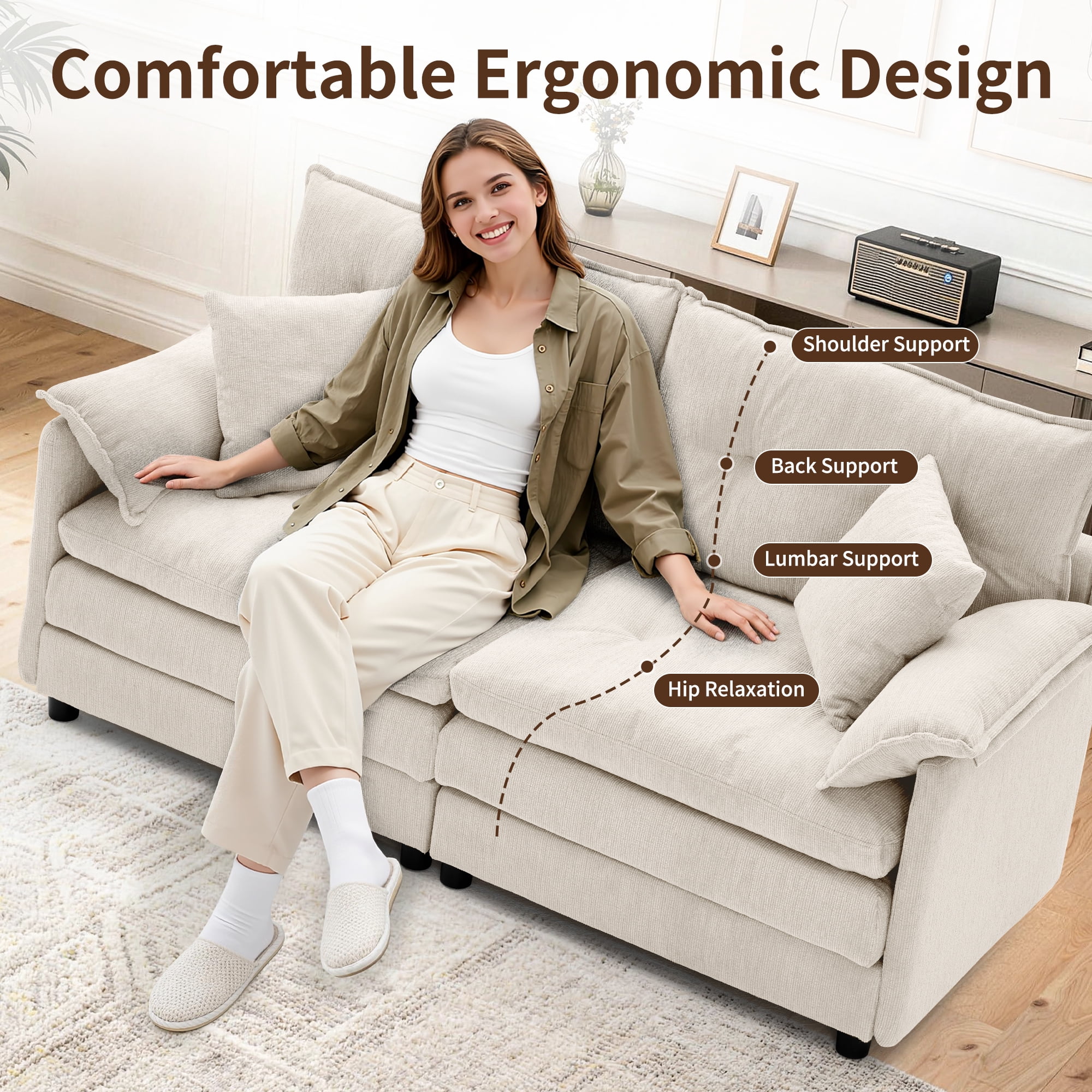Korser Loveseat Sofa with Deep Seat Cloud Couch with 2 Pillows,Chenille 2-Seater Sofa Small Couch for Living Room,Assembly Required,Beige