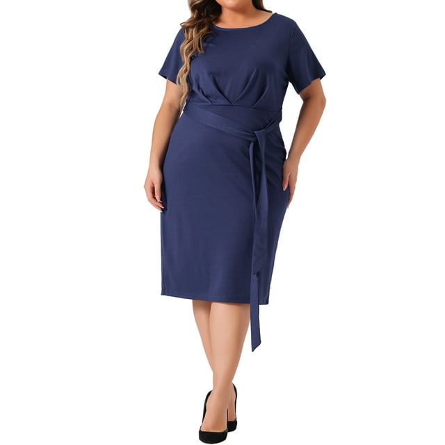 Vestido Plus Size Agnes Orinda para Mujeres, Cuello Redondo, Manga Corta, Con Cinturón, Nudo, Midi, Talla 4X, Azul Marino