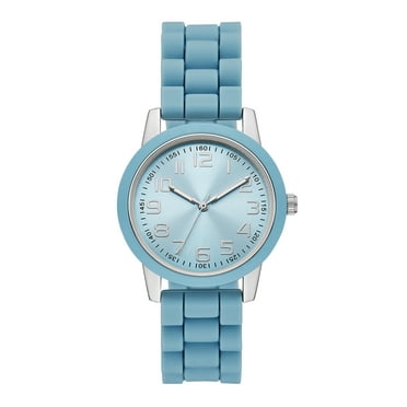 Time and Tru Ladies' Watch with Silver Round Case, Light Blue Bezel, Light Blue Sunray Dial and Light Blue Soft Silicone Strap (FMDOTT107)
