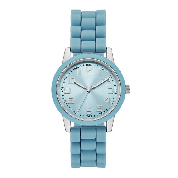 Time and Tru Ladies' Watch with Silver Round Case, Light Blue Bezel, Light Blue Sunray Dial and Light Blue Soft Silicone Strap (FMDOTT107)