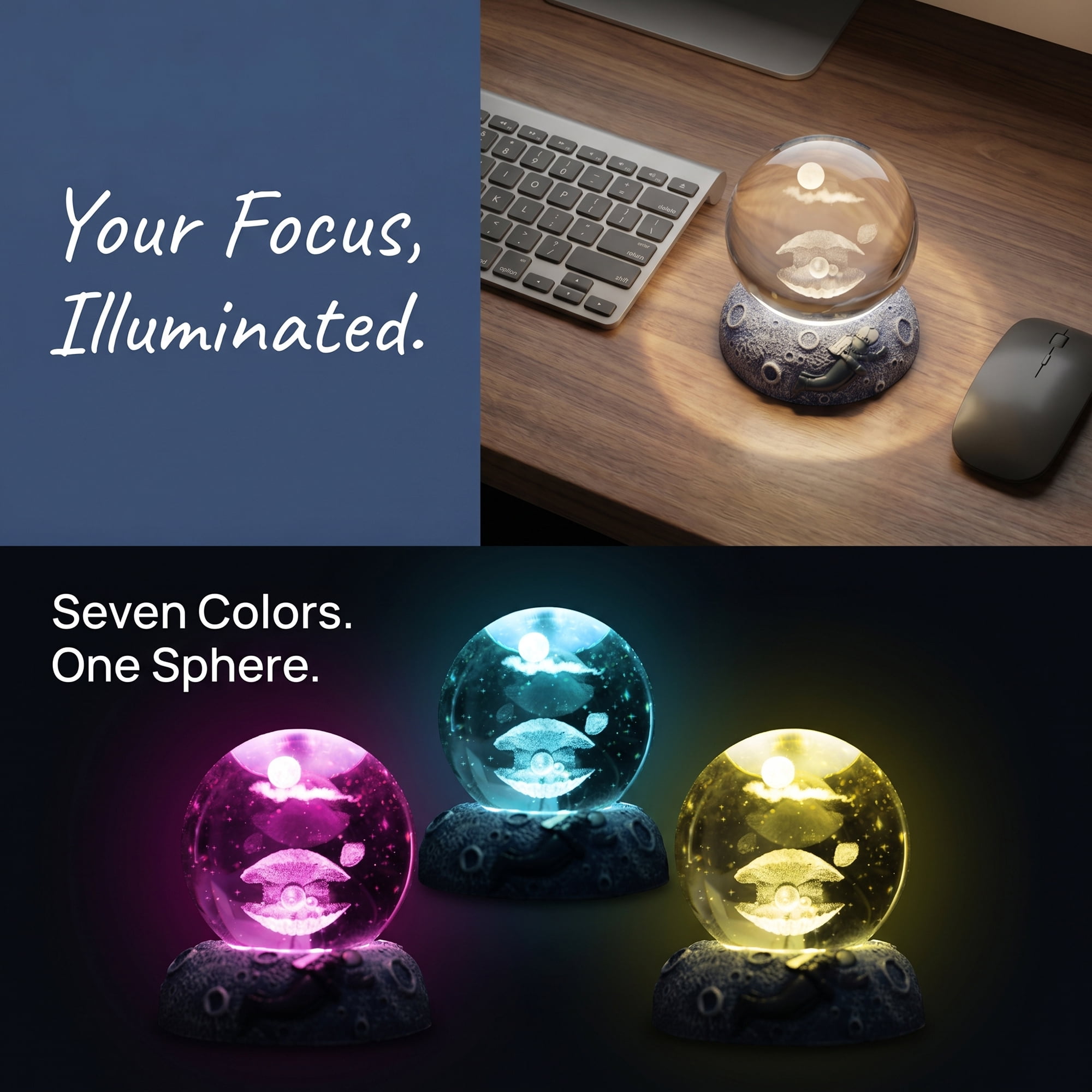Unique Bargains Glowing Crystal Ball Figurine 3D Glass Ornament with LED Light Base Beige Style G 2.4"x2.4"x3.1"