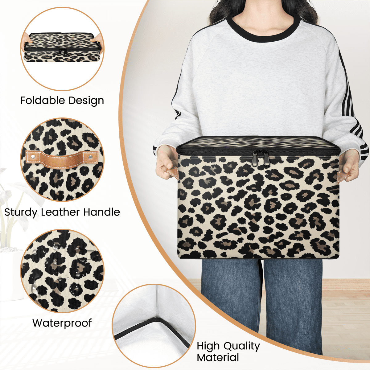 ADECORIVY Black Cream Leopard Print Storage Bin with Zipper Lid, Fabric Foldable Shelf Baskets Boxes, Closet Lidded Storage Bins, Decorative Clothes Organizer for Bedroom Home
