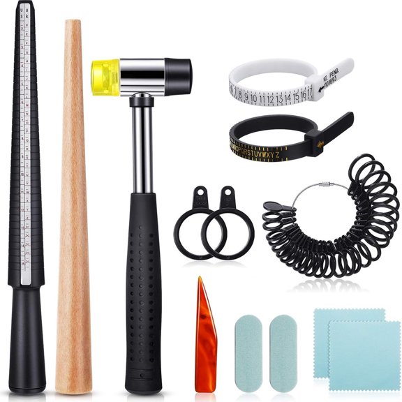 11 Pieces/set Us UK Ring Mandrel Set, Size 1-13 with Half Size Ring Sizer Gauge Jewelry Mandrel Jewelry Hammer Adjuster Polishing Cloth Polishing Stick Polished Agate Knife Measuring Tool Black