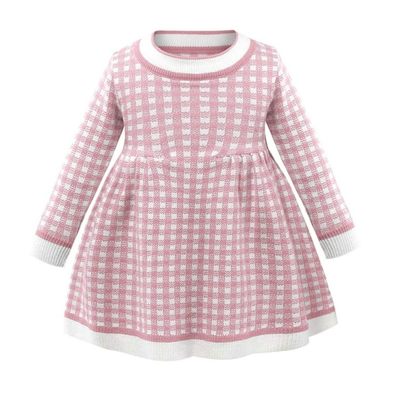 NAISIBABY Girls Knitted Dress, Crew Neck Classic Checked Long Sleeve Kids Fashion Midi Dress Pink 4-6T