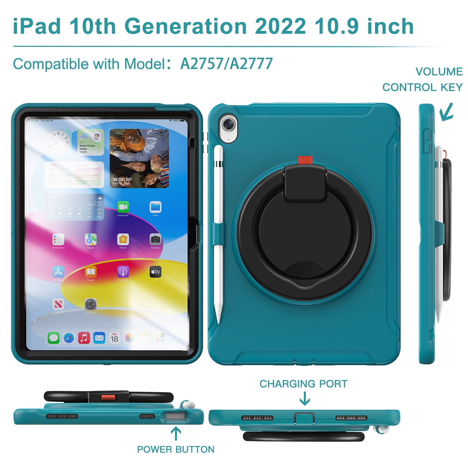 TECH CIRCLE for Apple iPad 10th Generation Case 10.9 inch 2022,360 Rotation Stand Heavy Duty Shockproof Rugged Soft Silicone Protective Case with Pencil Holder for Kids Girls Women,Blue