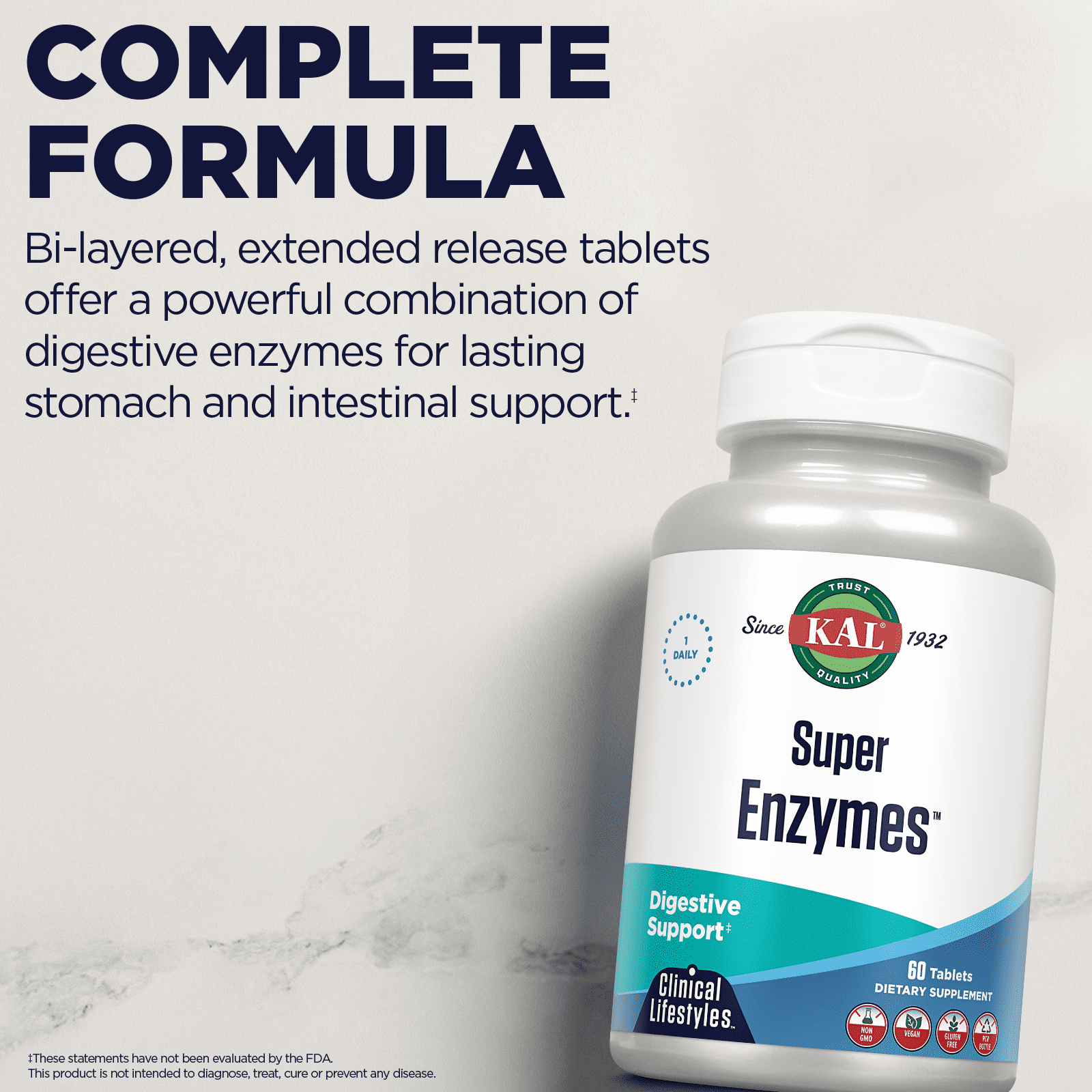 KAL Super Enzymes | Healthy Digestive Support | Digestive Enzymes and Herbs in Bi-Layer/Extended Release Formula | Lab Verified | 60 Tablets