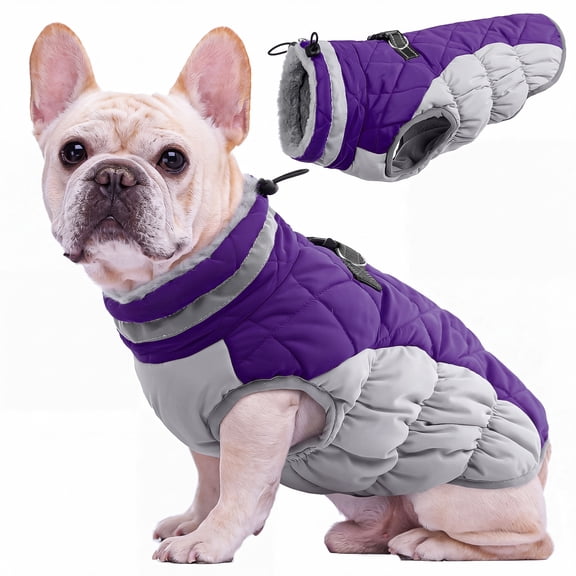Kuoser Dog Winter Coat, Waterproof Windproof Fleece Padded Jacket with Reflective Trim and Leash Ring for Small Dogs, Purple, S