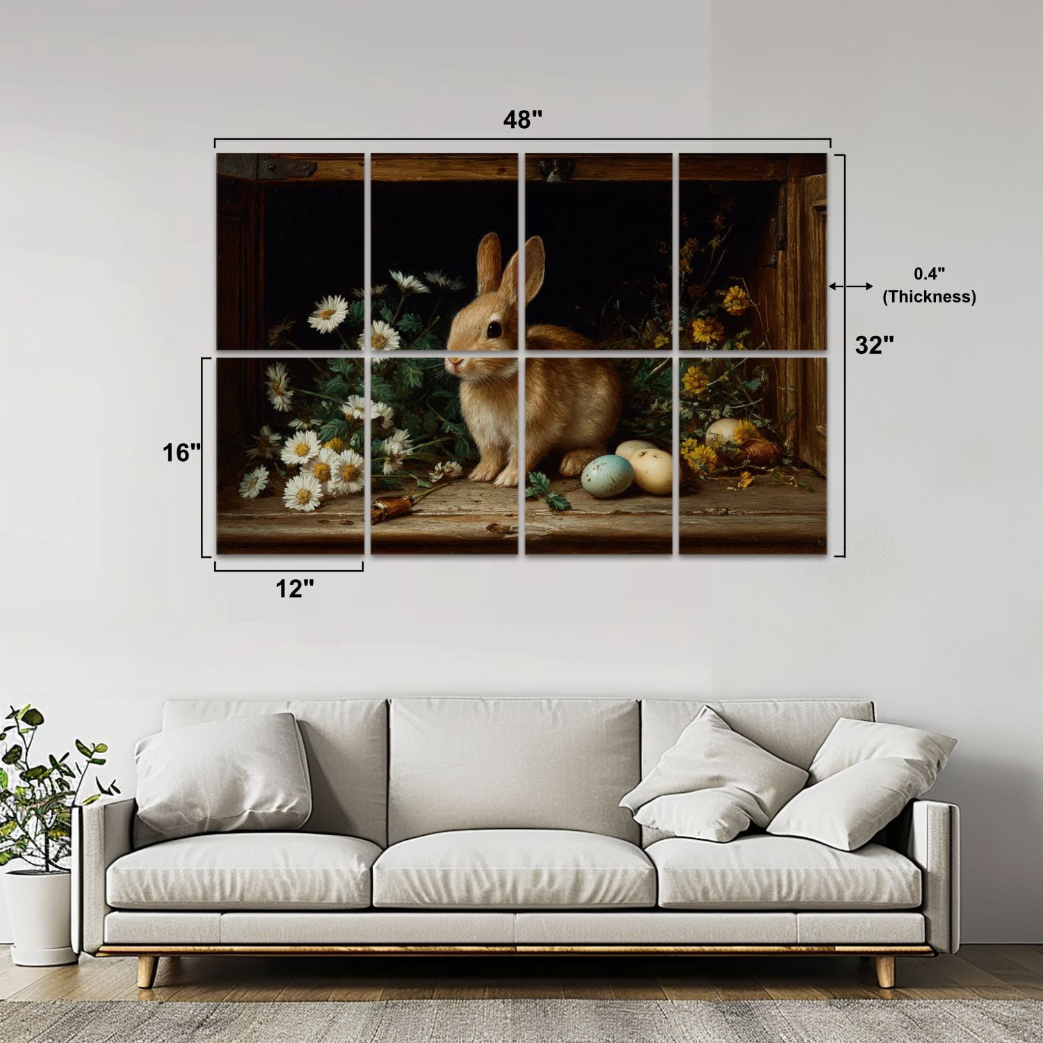 8 Pack Art Acoustic Panels Vintage Brown Bunny Daisy Easter Eggs Dark Toned Spring Rustic Animal Self Adhesive Sound Absorbing Panels for Home Office Studio Media Room 48"x32"