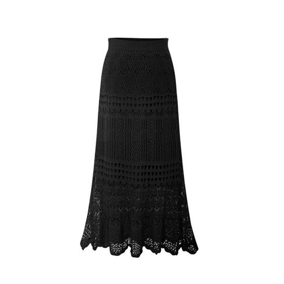 Women's Mid-length Knitted High Waisted Loose Hollowed Out Skirts Tube Pencil Midi Skirt Elastic Waist Flowy Length Pencil Skirt Ribbed Knit Basic Tube Midi Skirt Black XL