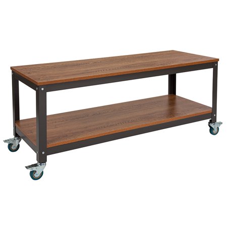 Tv Stand In Brown Oak Wood Grain Finish With Metal Wheels