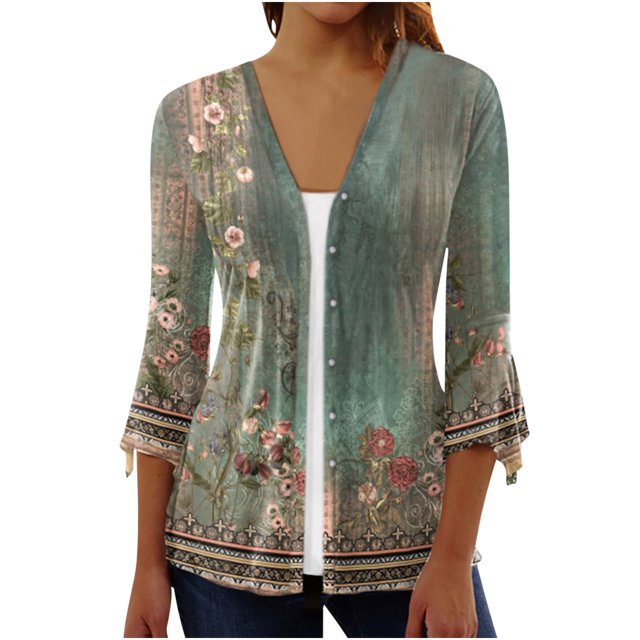 Womens Summer Lightweight Cardigans 3/4 Sleeve V Neck Button Down Cardigans Cover Up Tops Soft Floral Beach Blouses