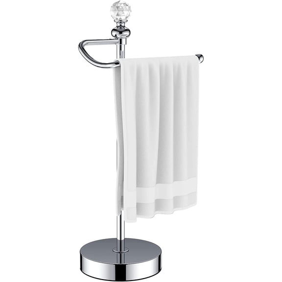 Heavy Weighted Towel Holder (with Crystal Ball) Standing Towel Holder - Total Height 15.7'' for Kitchen, Bathroom, Vanity - Classic Decorative Metal Hand Towel Stand, Polished Chrome