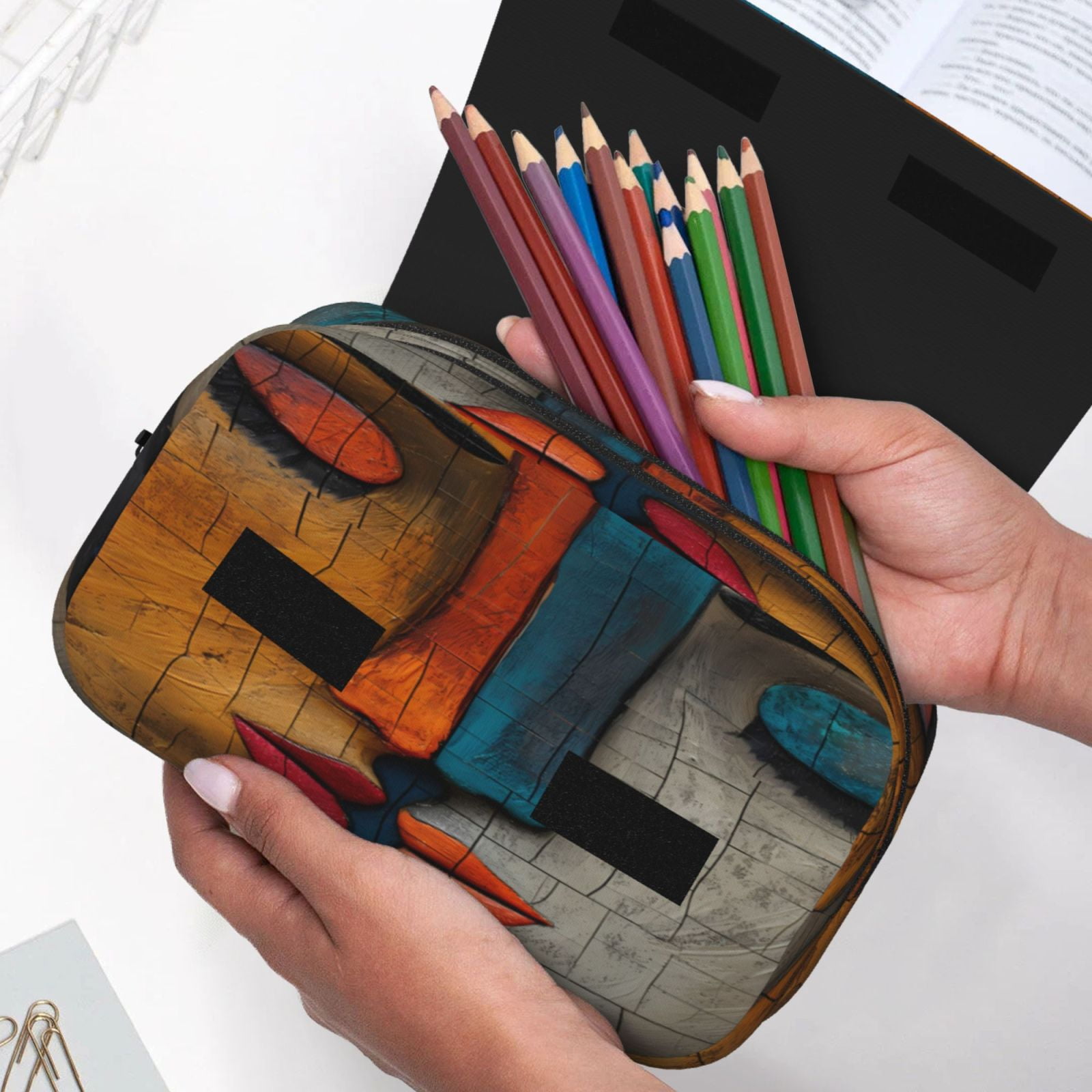 Rateoe Abstract Colorful Duality Pattern Double Clamshell Pen Case, Storage Organizer with Two Zipper Compartments– Holds Up to 50 Pencils & Pens