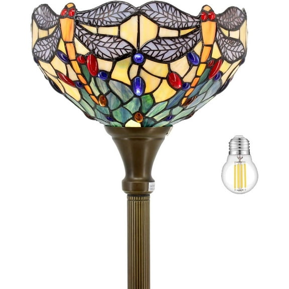 Tiffany Floor Torchiere Lamp LED 66" Tall Industrial Bronze Pole Vintage Boho Stained Glass Dragonfly Retro Rustic Standing Uplight Corner Bright Torch Light Living Room Kids Bedroom Office