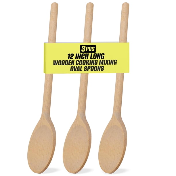 Juego de cucharas de madera de 12 pulgadas de largo de BICB | Cucharas mezcladoras de madera de haya natural para hornear, cocinar y revolver | Juego de 3 cucharas largas de madera | Cucharas para sal