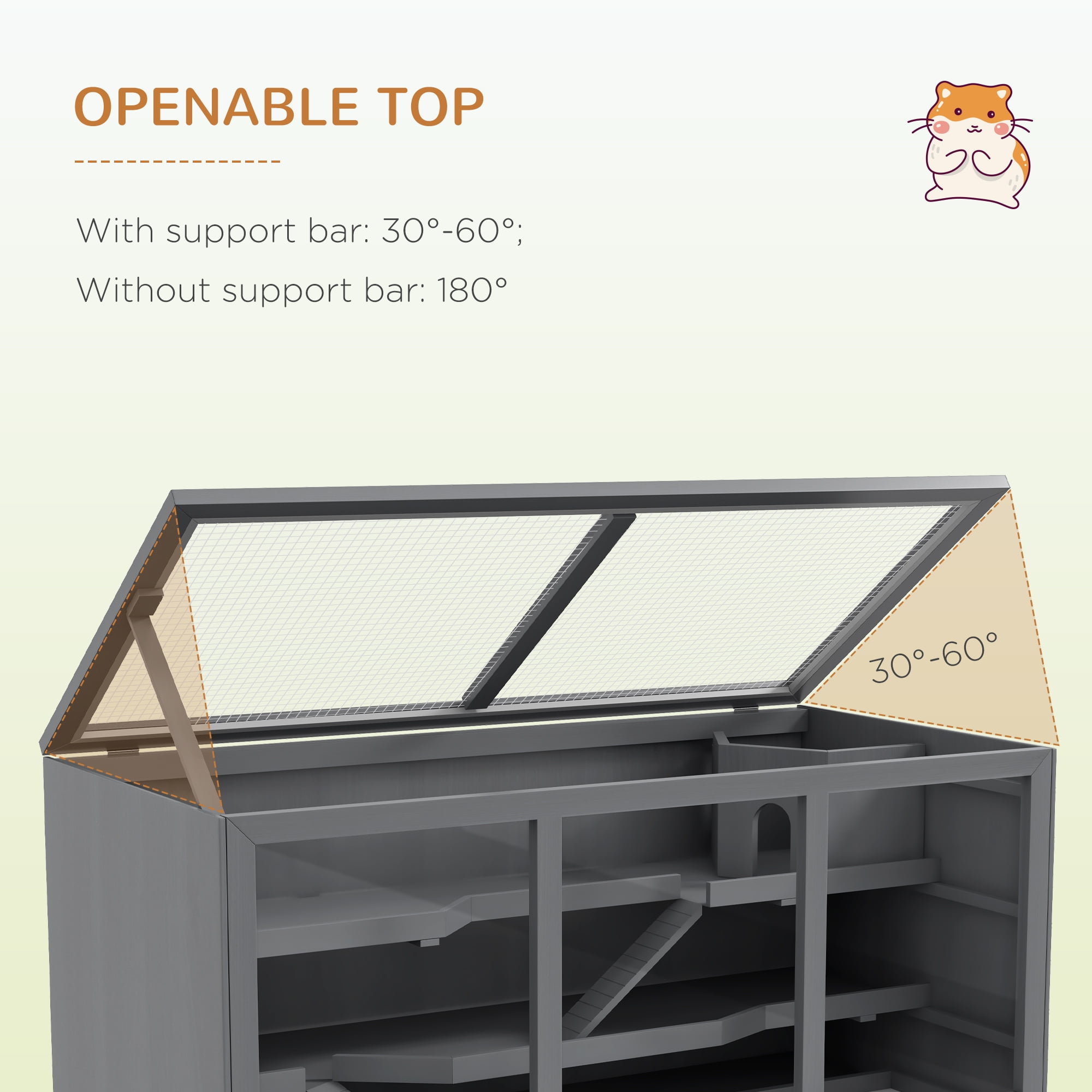 PawHut Extra Large Wooden Hamster Cage, Gerbil Cage, and Other Small Animal Habitat, Hamster Habitat with Opening Roof, Hut, Ramps, Gray