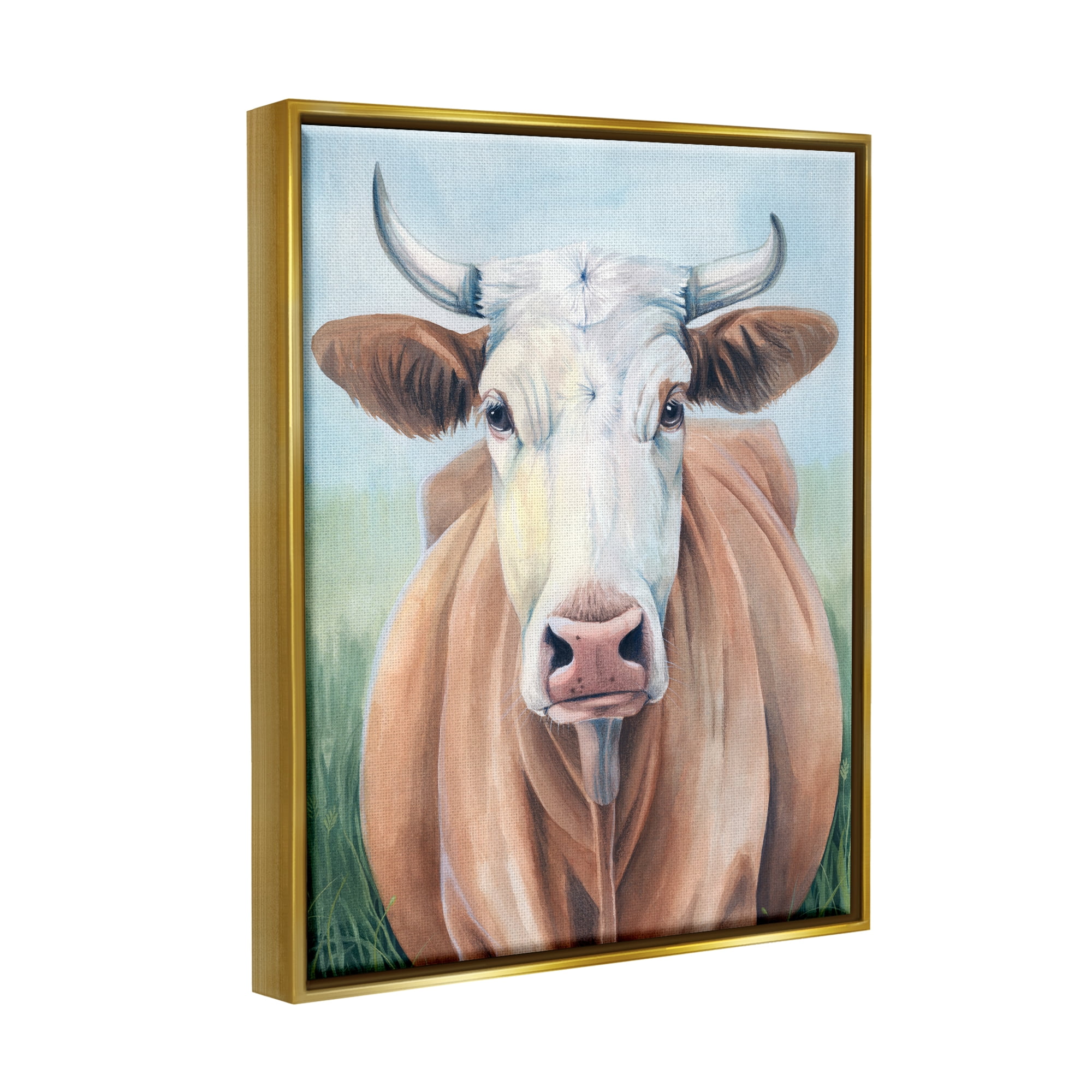 Stupell Industries Brown Cow Gazing Portrait Animals & Insects Painting Gold Floater Framed Canvas Art Print Wall Art, 17 x 21