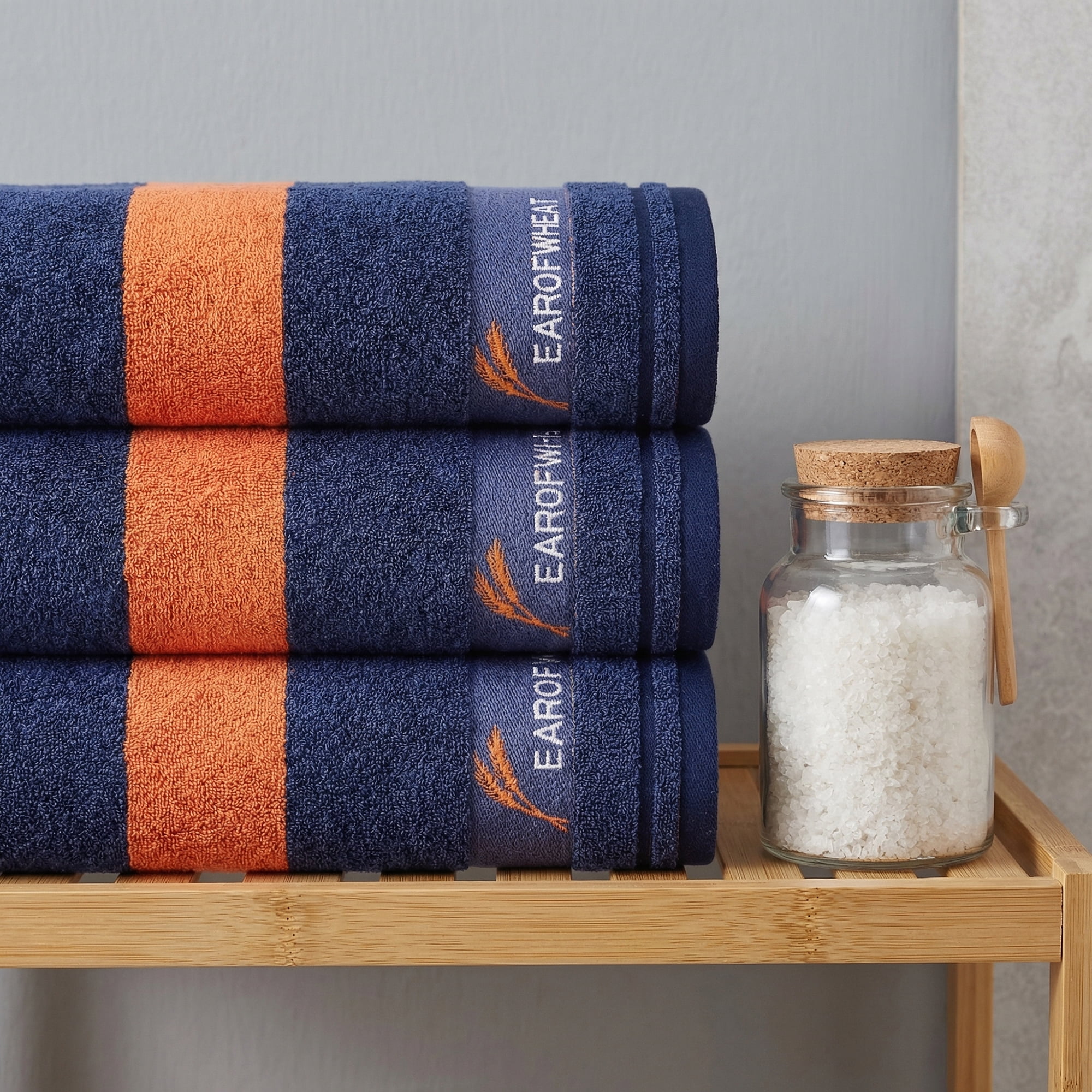 Unique Bargains Ear of Wheat Stripe Cotton Soft Absorbent Hand Towel Blue 4pcs 29" x 13"