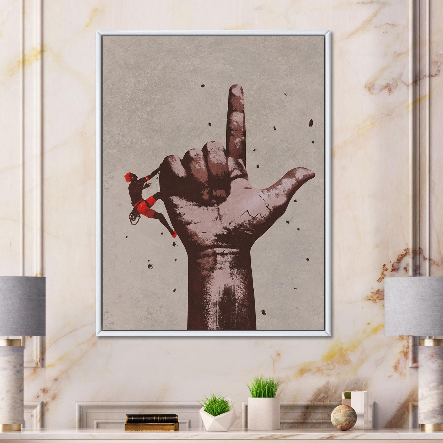 Designart Finger Pointing Up Sign With Climber FLOAT FRAME WALL ART